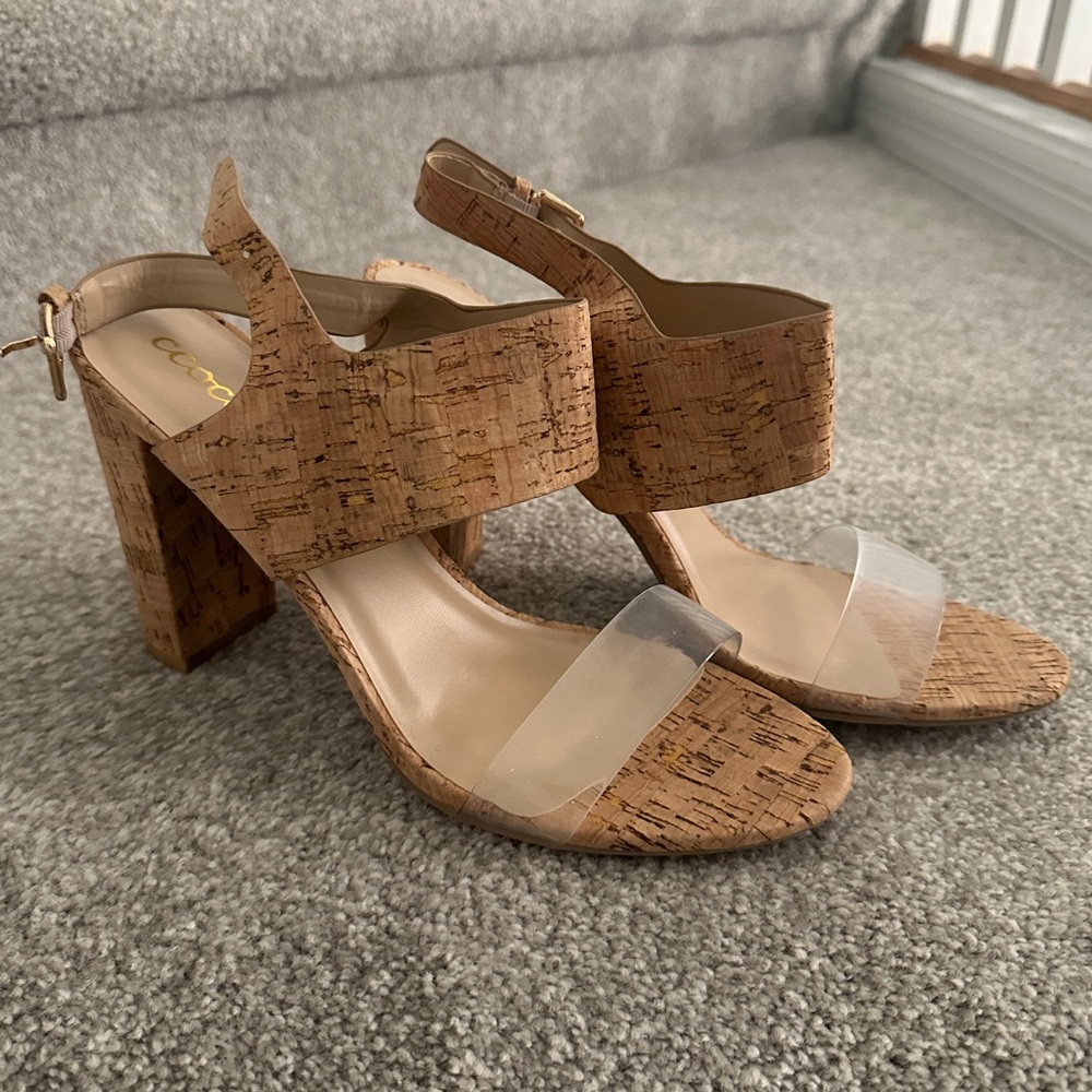 Chunky cork heel clear strap sandel size 10